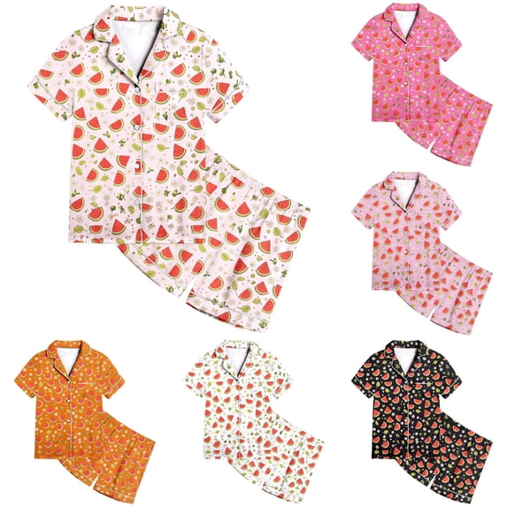 JAJAHO Girls Pajamas For Kids 2-13Y Satin 2 Piece Sets Watermelon Printed Short Sleeve Button Up Shirts And Shorts Set
