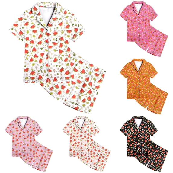 JAJAHO Girls Pajamas For Kids 2-13Y Satin 2 Piece Sets Watermelon Printed Short Sleeve Button Up Shirts And Shorts Set