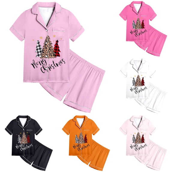 JAJAHO Girls Pajamas Merry Christmas Holiday Satin Sleepwear Short Sleeve 2 Piece Set Sizes 2-13Y
