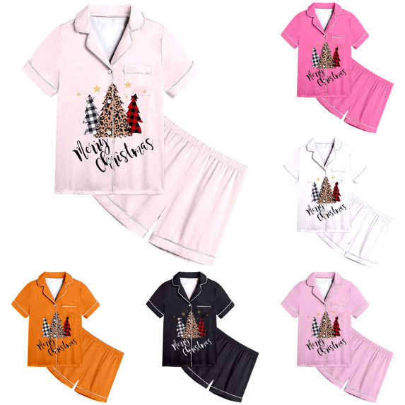JAJAHO Girls Pajamas Merry Christmas Holiday Satin Sleepwear Short Sleeve 2 Piece Set Sizes 2-13Y