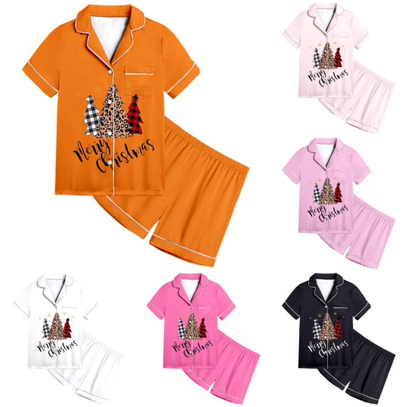 JAJAHO Girls Pajamas Merry Christmas Holiday Satin Sleepwear Short Sleeve 2 Piece Set Sizes 2-13Y
