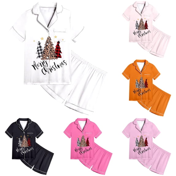 JAJAHO Girls Pajamas Merry Christmas Holiday Satin Sleepwear Short Sleeve 2 Piece Set Sizes 2-13Y