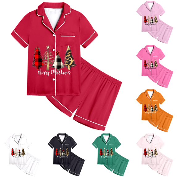 JAJAHO Girls Pajamas Merry Christmas Pjs Satin Sleepwear Short Sleeve 2 Piece Set Sizes 2-13Y