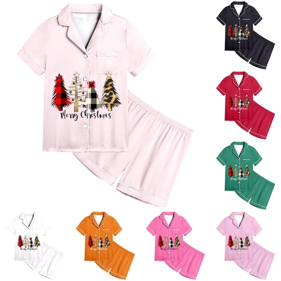 JAJAHO Girls Pajamas Merry Christmas Pjs Satin Sleepwear Short Sleeve 2 Piece Set Sizes 2-13Y