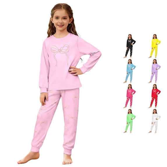 JAJAHO Girls Pajamas Set 2 Piece Soft Kids Loungewear Pjs Bow Print Long Sleeve Nightwear 3-14Y