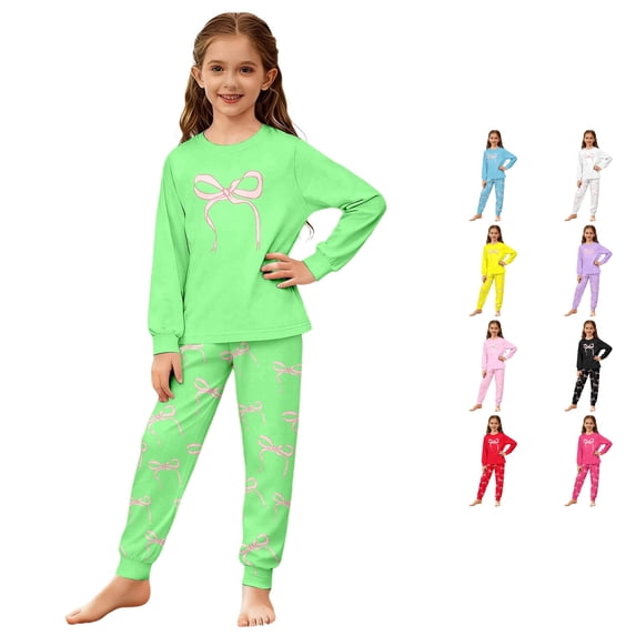 JAJAHO Girls Pajamas Set 2 Piece Soft Kids Loungewear Pjs Bow Print Long Sleeve Nightwear 3-14Y