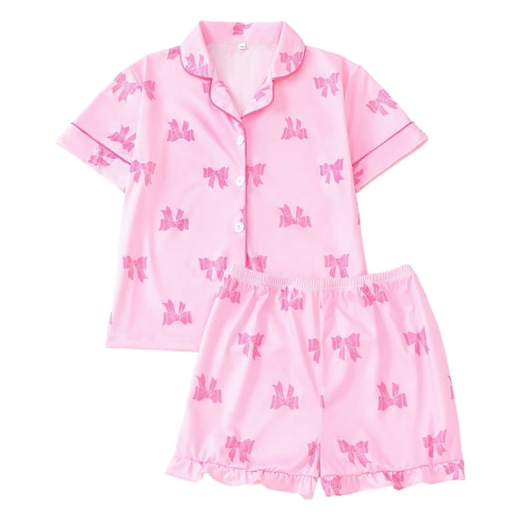 JAJAHO Girls Pajamas Set Bow Printed Short Sleeve Button Front Top And Shorts 2 Piece Pj Set For Kids 8-12Y