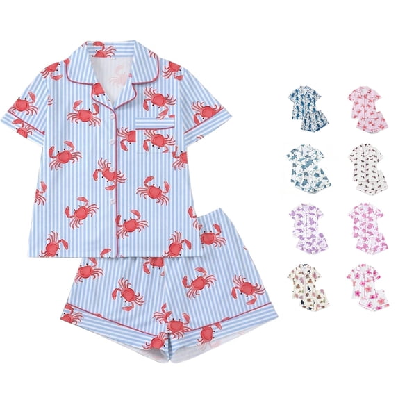 JAJAHO Girls Pajamas Set Cute Animals Print Sleepwear Short Sleeve Button Down 2 Piece Pjs For Kids 3-14Y