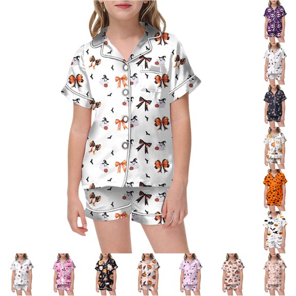 JAJAHO Girls Pajamas Set For Kids Halloween Satin Sleepwear Ghost Printed Short Sleeve Shirts And Shorts 2 Piece Set 2-13Y