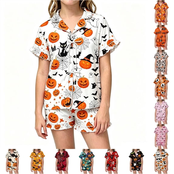 JAJAHO Girls Pajamas Sets Halloween Sleepwear Sizes 3-13 Tie Front Ruffle Short Sleeve Top Shorts 2 Piece Set