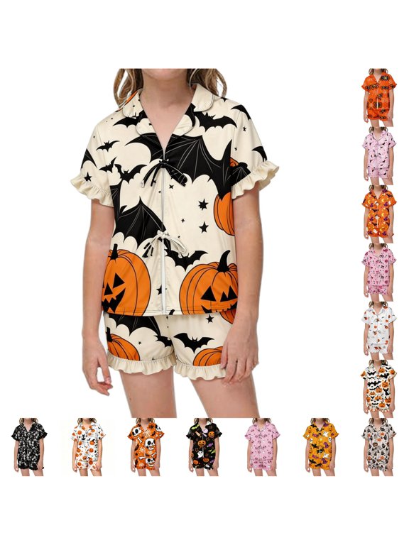 Girls Pajamas Sets Halloween Sleepwear Sizes 3-13 Tie Front Ruffle Short Sleeve Top Shorts 2 Piece Set