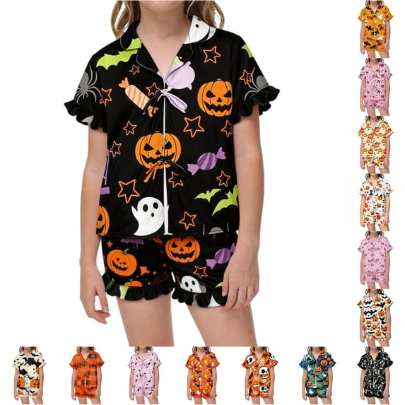 JAJAHO Girls Pajamas Sets Halloween Sleepwear Sizes 3-13 Tie Front Ruffle Short Sleeve Top Shorts 2 Piece Set