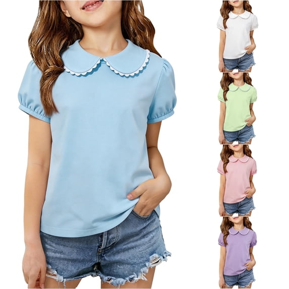JAJAHO Girls Polo Shirts Back To School Clothes Sizes 3M-6Y Toddler Kids Puff Short Sleeve Peter Pan Collar Solid Color School Uniform Shirts
