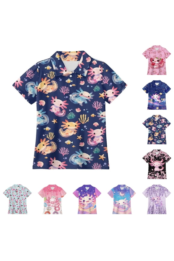 Girls Polo Shirts Short Sleeve Regular Fit Summer Cute Graphic Shirts For Kids 3-14Y Soft Tops