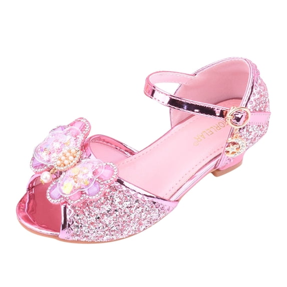 JAJAHO Girls Princess Dress Shoes Glitter Mary Jane Shoes Shiny Sandals Open Toe Buckle Low Heels Summer Party Wedding Formal Footwear For Kids 4-15 Years