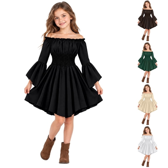 JAJAHO Girls Renaissance Dress Off Shoulder Bell Sleeve Pirate Halloween Dress For Carnival Party 3-11Y