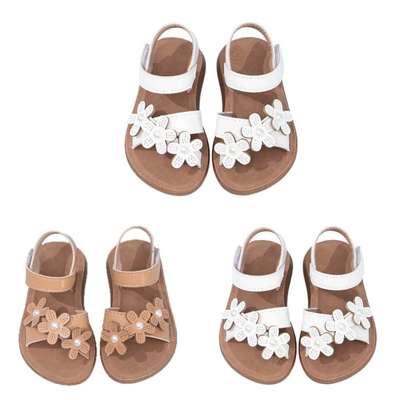 JAJAHO Girls Sandals Pearl Floral Decoration Open Toe Hook And Loop Lightweight Flat For Kids Toddler Trendy Shoes
