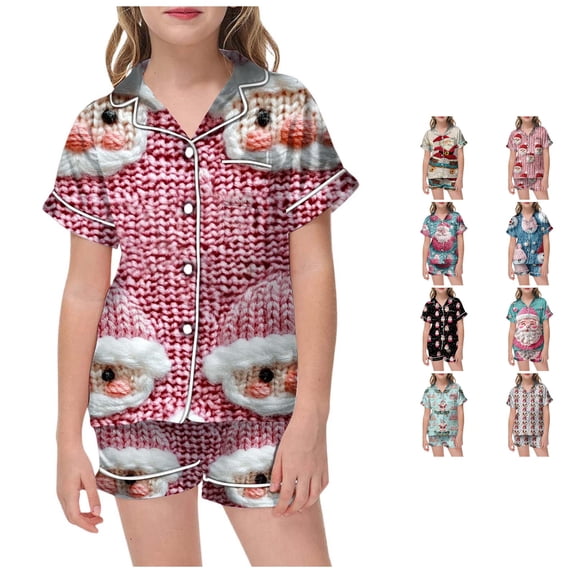 JAJAHO Girls Santa Claus Pajamas Christmas Sleepwear Short Sleeve Button Down 2 Piece Pjs Set For Kids 2-13Y