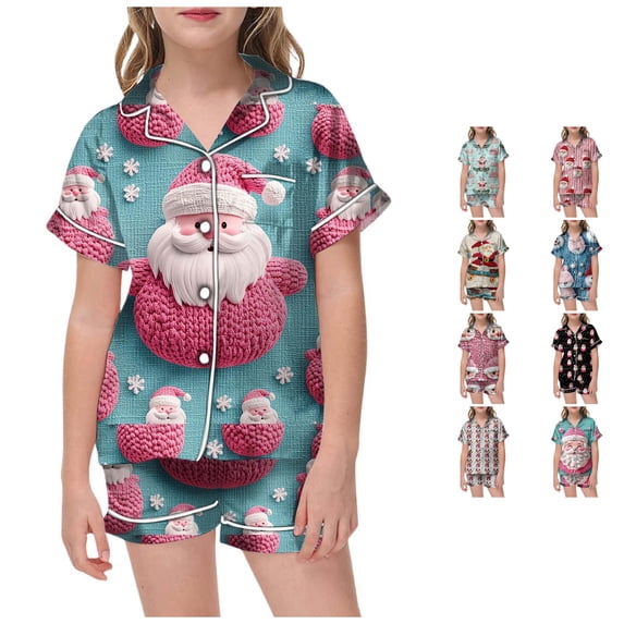 JAJAHO Girls Santa Claus Pajamas Christmas Sleepwear Short Sleeve Button Down 2 Piece Pjs Set For Kids 2-13Y