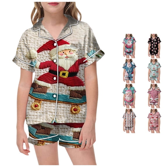 JAJAHO Girls Santa Claus Pajamas Christmas Sleepwear Short Sleeve Button Down 2 Piece Pjs Set For Kids 2-13Y