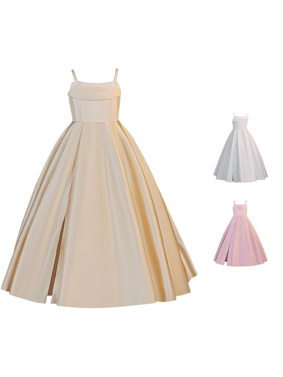 Girls Satin Dresses Flower Girl Dress Spaghetti Strap Puffy Maxi Ball Gown Wedding Party Prom Wear For Kids 8-13Y