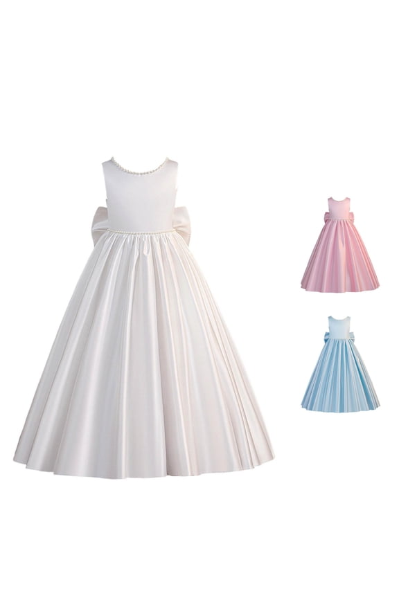 Girls Satin Dresses Flower Girl Dress With Pearls Sleeveless Bow Puffy Maxi Ball Gown Wedding Party Prom Wear For Kids 8-13Y