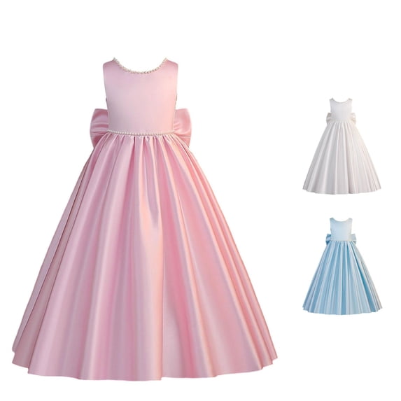 JAJAHO Girls Satin Dresses Flower Girl Dress With Pearls Sleeveless Bow Puffy Maxi Ball Gown Wedding Party Prom Wear For Kids 8-13Y