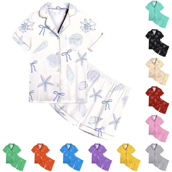 JAJAHO Girls Satin Pajama Sets Bow Print Summer Sleepwear Short Sleeve Button Up Shirts And Shorts 2 Piece Set 2-13Y