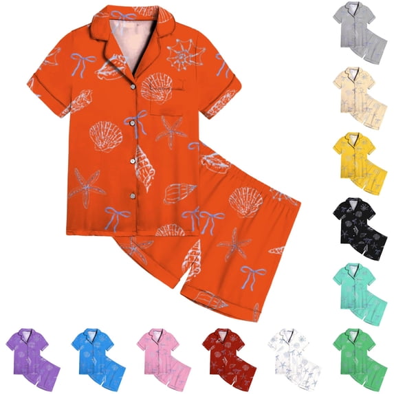JAJAHO Girls Satin Pajama Sets Bow Print Summer Sleepwear Short Sleeve Button Up Shirts And Shorts 2 Piece Set 2-13Y