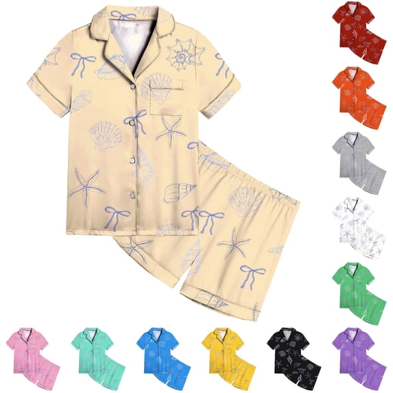 JAJAHO Girls Satin Pajama Sets Bow Print Summer Sleepwear Short Sleeve Button Up Shirts And Shorts 2 Piece Set 2-13Y