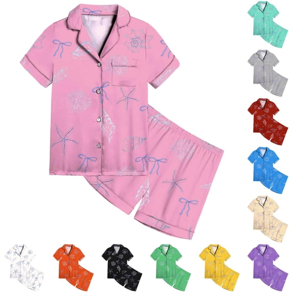 JAJAHO Girls Satin Pajama Sets Bow Print Summer Sleepwear Short Sleeve Button Up Shirts And Shorts 2 Piece Set 2-13Y