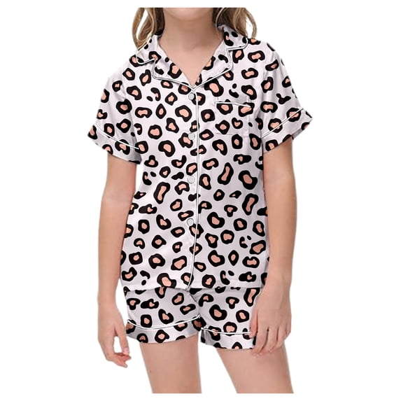 JAJAHO Girls Satin Pajamas Set Leopard 2 Piece Pjs Short Sleeve Button Up Shirts And Shorts Sets For Kids 2-13Y
