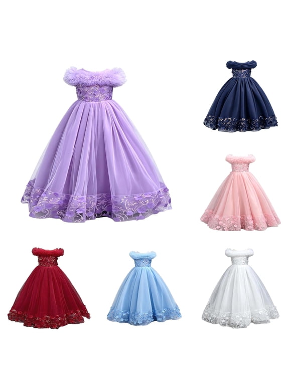 Girls Sequin Dresses Sparkly Tulle Birthday Princess Party Dress Fuzzy Trim Maxi Ball Gown Flower Girl Dress For Wedding Party Prom 3-12Y