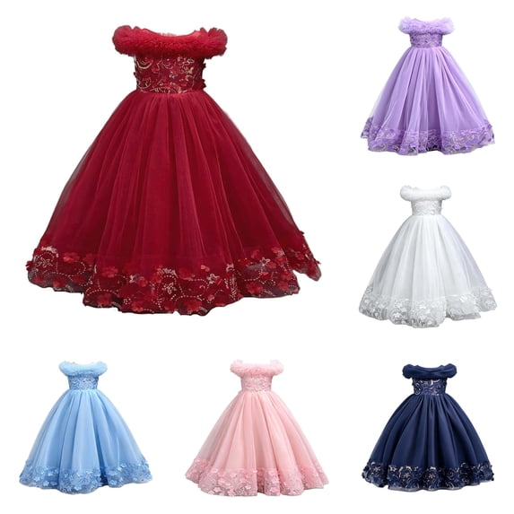 JAJAHO Girls Sequin Dresses Sparkly Tulle Birthday Princess Party Dress Fuzzy Trim Maxi Ball Gown Flower Girl Dress For Wedding Party Prom 3-12Y