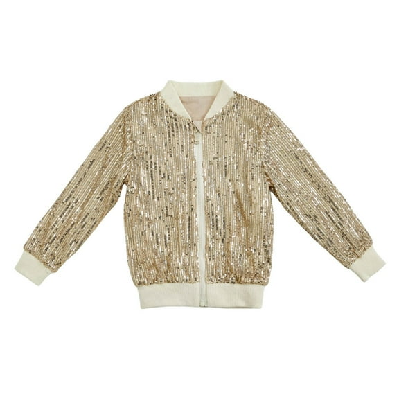 JAJAHO Girls Sequin Jacket Sparkly Glitter Bomber Kids Carnival Outwear Zipper Coat Long Sleeve Jackets 2-10 Years