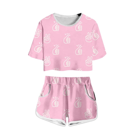 JAJAHO Girls Short Sleeve Set Gesture Print Summer Outfit Crop Top And Shorts 2 Piece Set For Kids Teens 4-14Y Cute Outfits