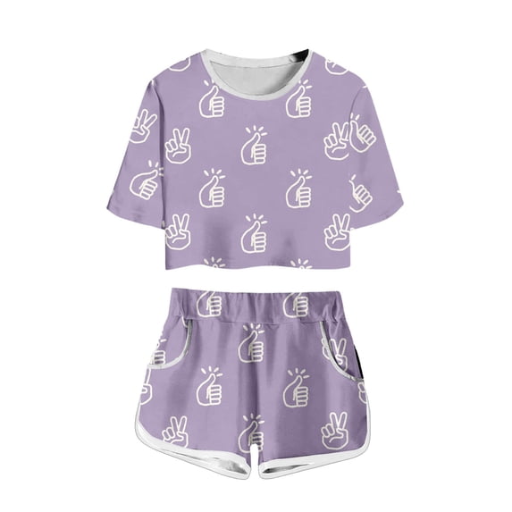 JAJAHO Girls Short Sleeve Set Gesture Print Summer Outfit Crop Top And Shorts 2 Piece Set For Kids Teens 4-14Y Lovely Outfits