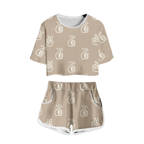 JAJAHO Girls Short Sleeve Set Gesture Print Summer Outfit Crop Top And Shorts 2 Piece Set For Kids Teens 4-14Y Stylish Outfits