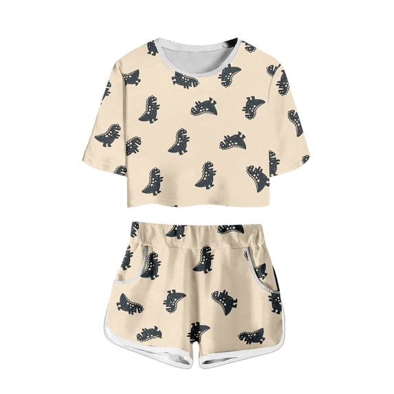 JAJAHO Girls Short Sleeve Set Summer Outfit Cartoon Dinosaur Crop Top And Shorts 2 Piece Set For Kids Teens 4-14Y Soft Outfits