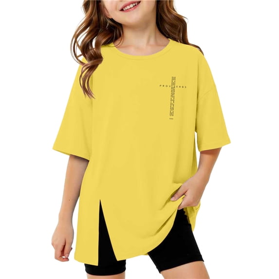 JAJAHO Girls Short Sleeve T Shirt For Kids Oversized Graphic Tee Casual Crew Neck Side Slit Summer Tshirts 3-16Y Soft Tops