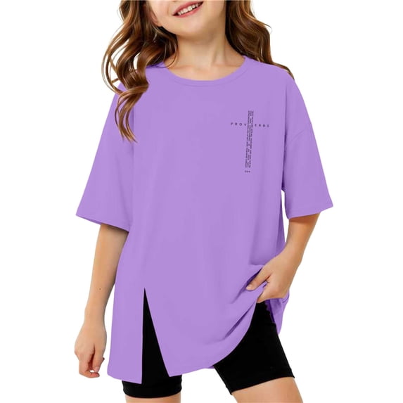 JAJAHO Girls Short Sleeve T Shirt For Kids Oversized Graphic Tee Casual Crew Neck Side Slit Summer Tshirts 3-16Y Stylish Tops