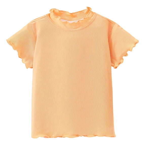 JAJAHO Girls Short Sleeve T Shirts For Kids Lettuce Trim Summer Top Crew High Neck Lightweight Solid Color Ribbed Basic Tee Ages 1-10 Years Soft Tops