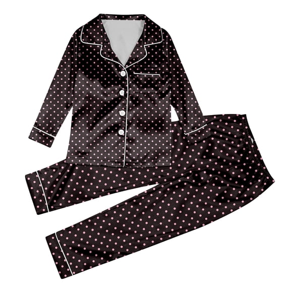 JAJAHO Girls Silk Satin Home Clothes 2 Piece Outfits Long Sleeve Button Down Collared Shirt And Pants Set For Kids 3-14 Years Soft Outfit