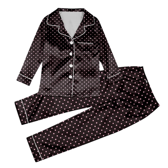 JAJAHO Girls Silk Satin Home Clothes 2 Piece Outfits Long Sleeve Button Down Collared Shirt And Pants Set For Kids 3-14 Years Soft Outfit