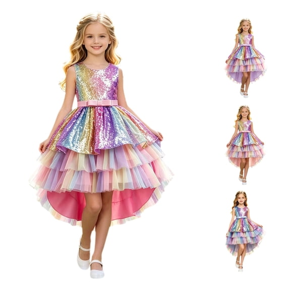 JAJAHO Girls Sparkly Dress Sleeveless Glitter Sequin Mesh Layered High-Low Summer Midi Dresses Birthday Party Outfit For Kids 3-14Y
