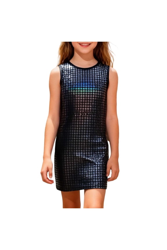Girls Sparkly Sequins Dress Carnival Sleeveless Shiny Slim Fit Casual Party Mini Dress For Kids 2-15 Years Cozy Dresses