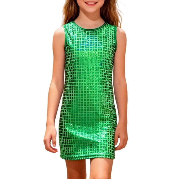 JAJAHO Girls Sparkly Sequins Dress Carnival Sleeveless Shiny Slim Fit Casual Party Mini Dress For Kids 2-15 Years Stylish Dresses
