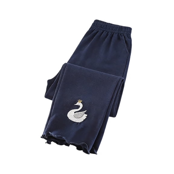 JAJAHO Girls Stretchy Soft Leggings Cartoon Goose Embroidery Lettuce Trim Lightweight Pants For Kids 1-8Y Comfy Trousers