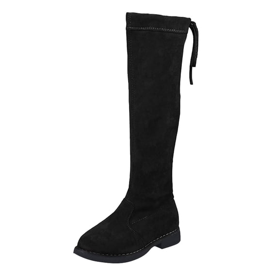 JAJAHO Girls Suede Knee High Boots Non Elastic Drawstring Zipper Solid Color Boots Stylish Shoes