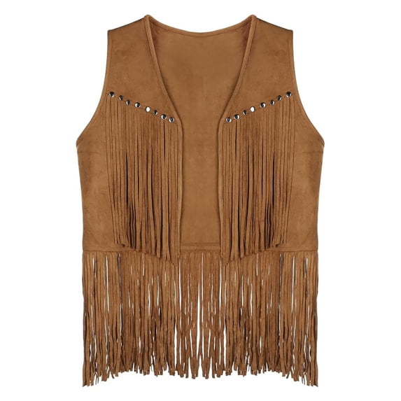 JAJAHO Girls Suede Tassels Vest Cowgirl Outfits Ethnic Style Sleeveless Open Front Fashion Jacket Bohemian Kids Clothing 5-12 Years Hippie Versatile Tops